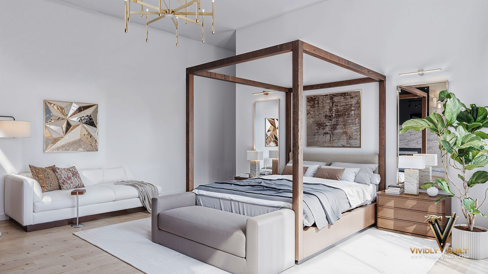 Master bedroom interior design rendering for an Austin, Texas new construction single family residence by Vividly Built