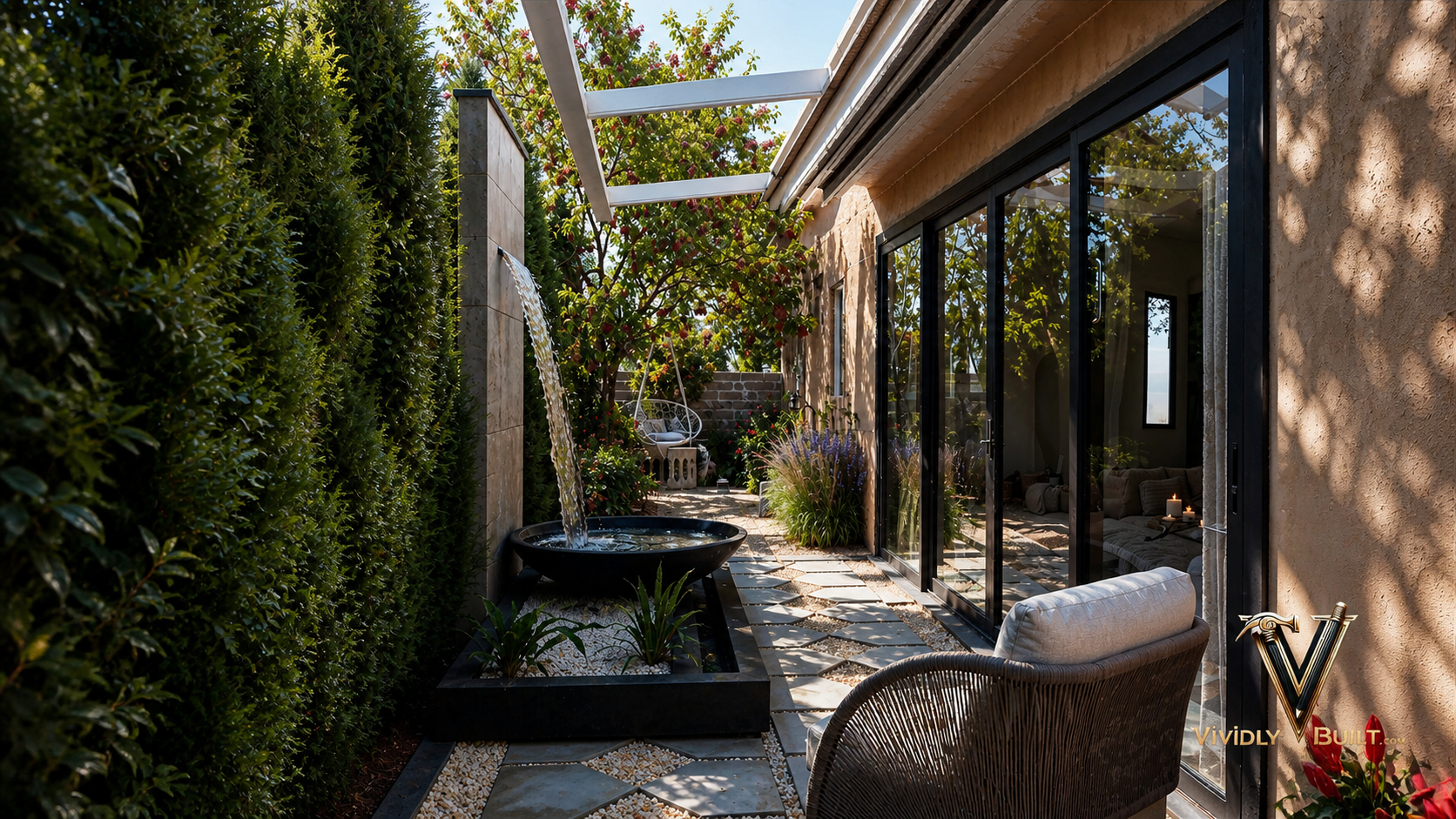 Side yard with water feature exterior design rendering for a Pasadena residence remodel by Vividly Built